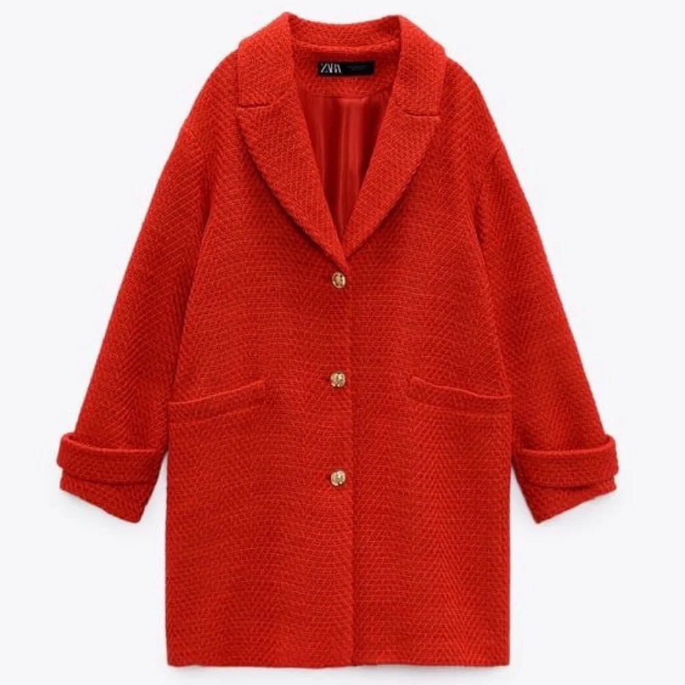 Zara Textured Tweed Coat Gold Buttons Oversized Jacket Red BLOGGER FAVORITE
